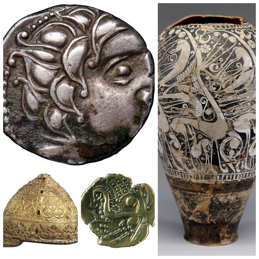 Celtic coins / Ceremonial helmet, Agris (Charente) / Painted vase with zoomorphic decoration