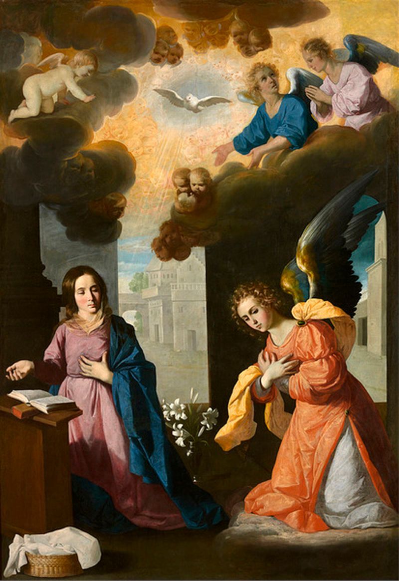 The Annunciation (detail) by Zurbarán (1638-1639), canvas exhibited at the Galerie de Louis-Philippe at the Louvre between 1838 and 1848