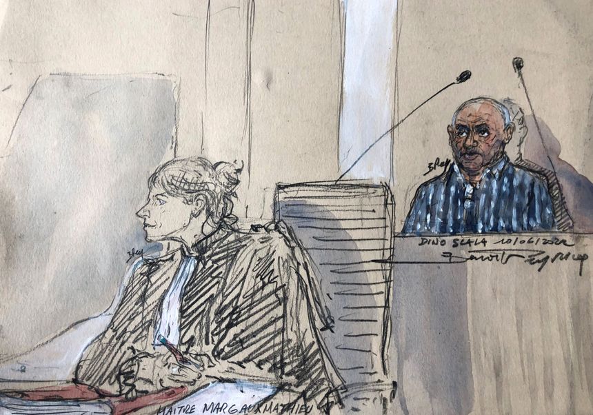 Courtroom sketch made on June 10, 2022 which shows Dino Scala (R) and his lawyer Margaux Mathieu (L) at the opening of his trial.