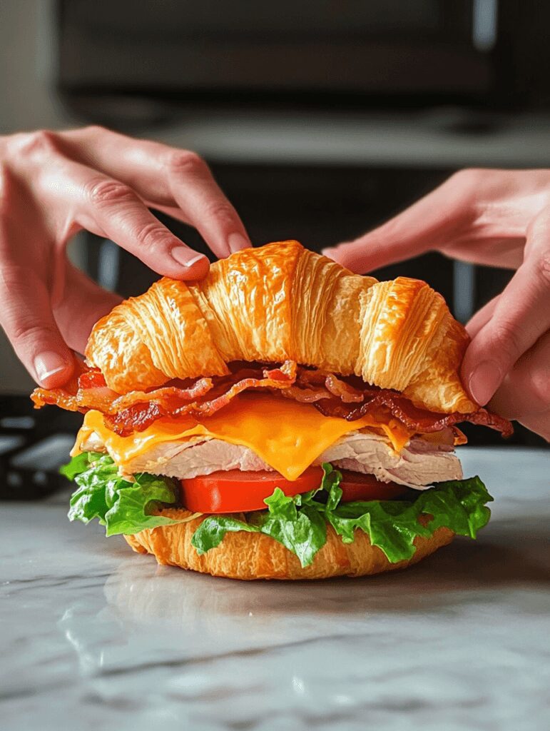 Club Sandwich on Croissant Bread – A Buttery Take on a Classic 11 Layer turkey slices, cheddar cheese, and tomato. Add salt and pepper if desired.