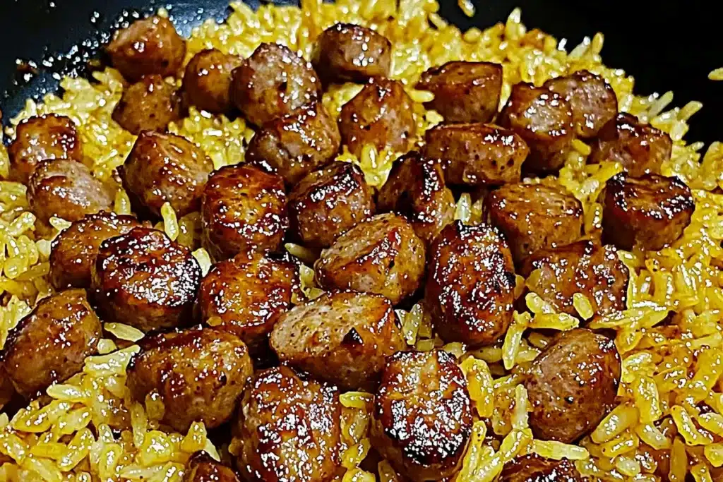 Busy Night? This One-Pan Sweet & Tangy BBQ Sausage Rice Is Your Delicious Lifesaver