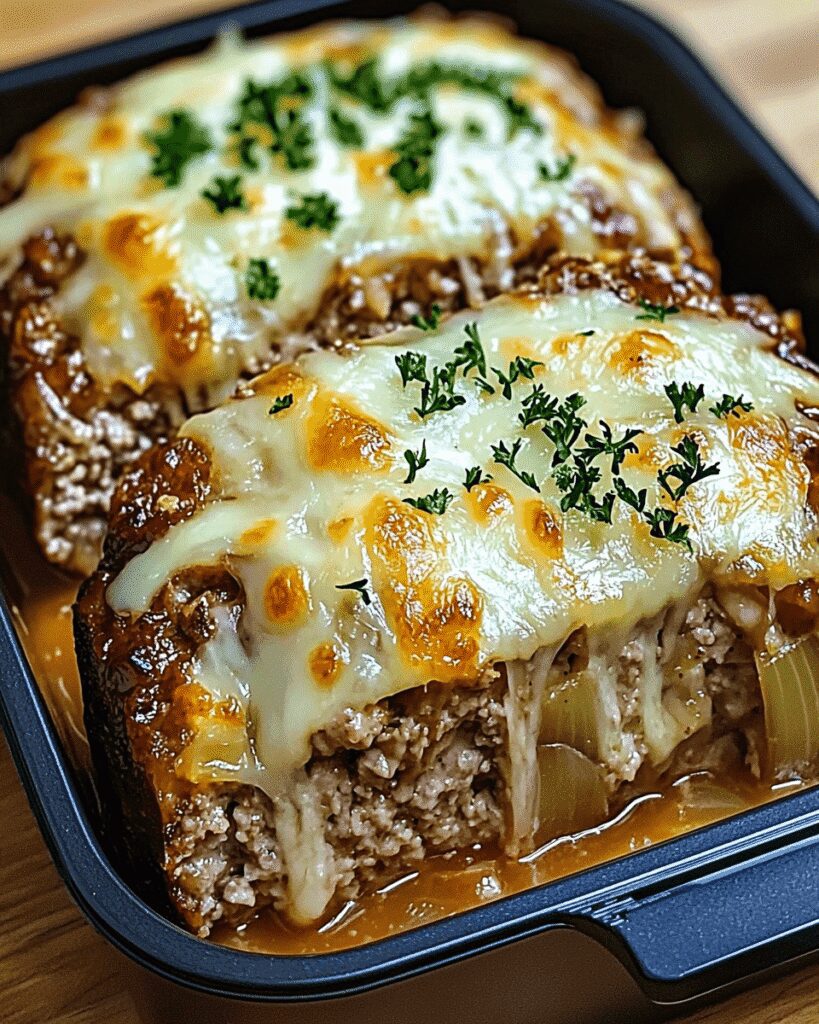 French Onion Meatloaf: A Cozy Classic with a Savory Twist 6 Cheesy French Onion Meatloaf sliced and served in a black roasting pan